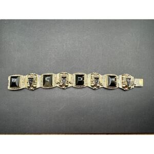 HECHO Mexico Aztec Mask Panels Bracelet Alpaca Silver Carved Black Onyx 7"
